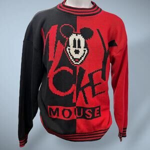 Vintage 1980s Mickey Mouse Wool Sweater – Colorblock Red Black – Men’s Large